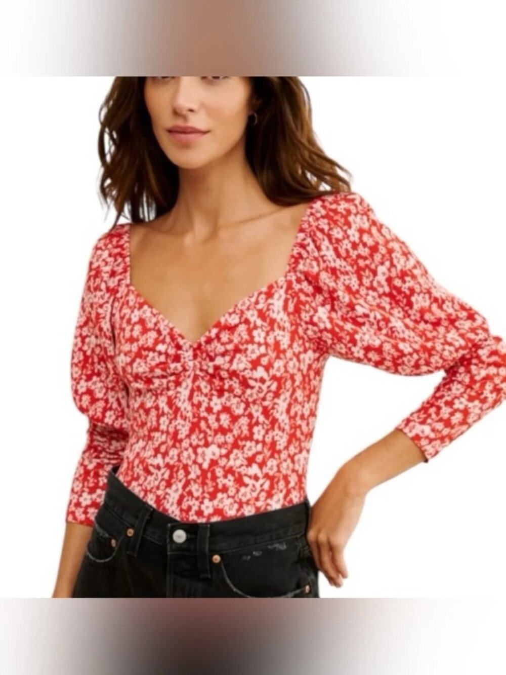 Anthropologie Red Floral Sweetheart Neckline Puff Sleeve Top Blouse Medium